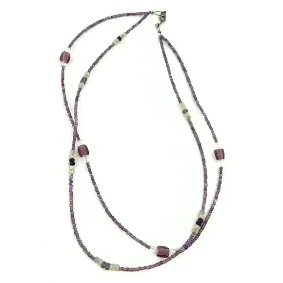 Purple Mini Seed Bead Necklace Layered Iridescent Glass Frosty Jewelry 17" - Picture 2 of 11